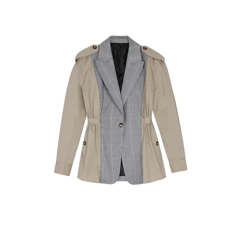 

2021 Spring New Shirt Sleeves Waist Pleated Design Sense Two-Color Stitching Suit Small Jacket Casual Fashion Ladies Jacket Tops