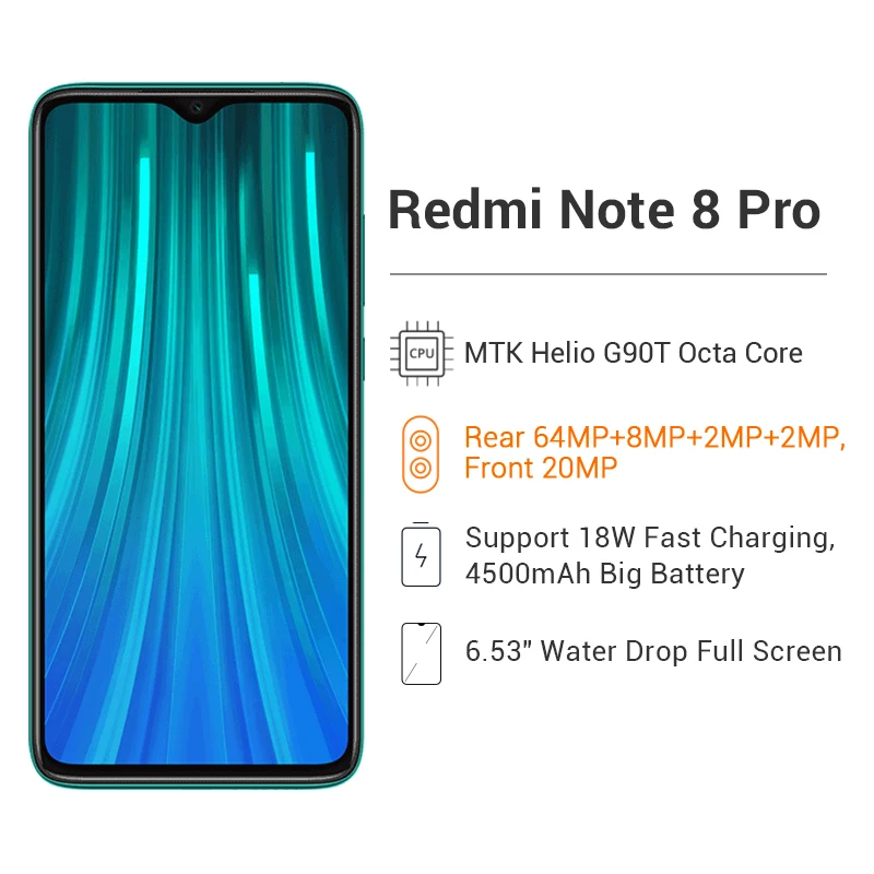 Мобильный телефон Xiaomi Redmi Note 8 Pro с глобальной прошивкой, 6 ГБ ОЗУ, 64 Гб ПЗУ, 64 мп, четыре камеры, 4500 мАч, MTK Helio G90T, 20 Мп, фронтальная, 6,53 дюйма