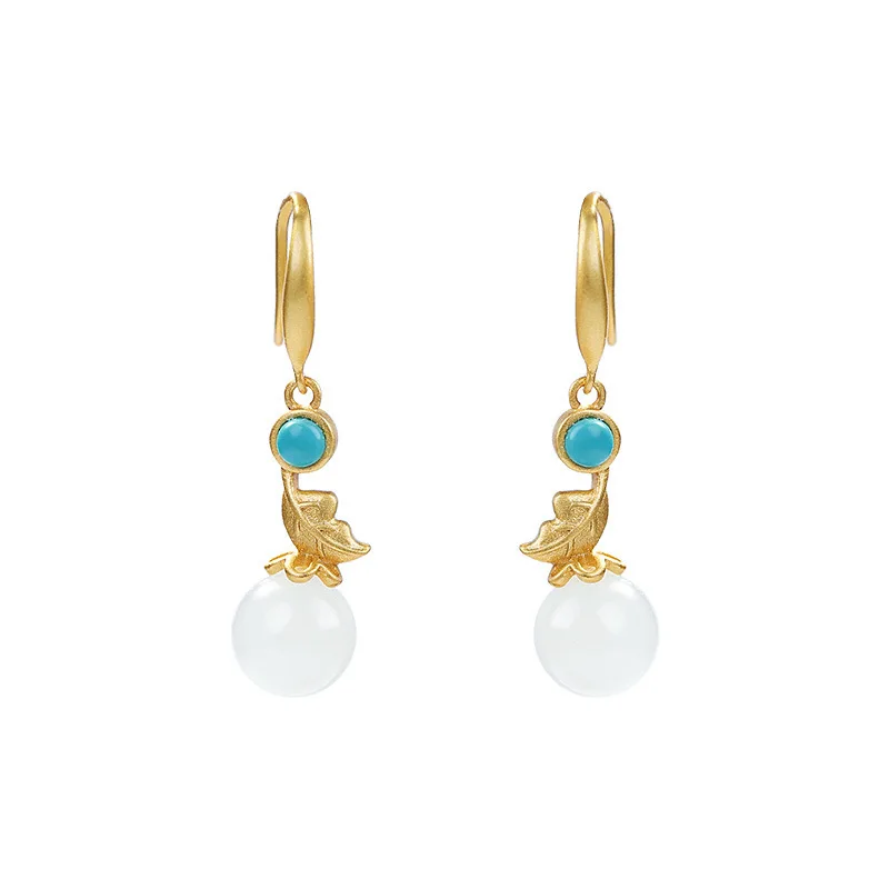 S925 pure silver inlaid natural hetian jade white round bead in qinghai eardrop of gold leaf and elegant lady | Украшения и