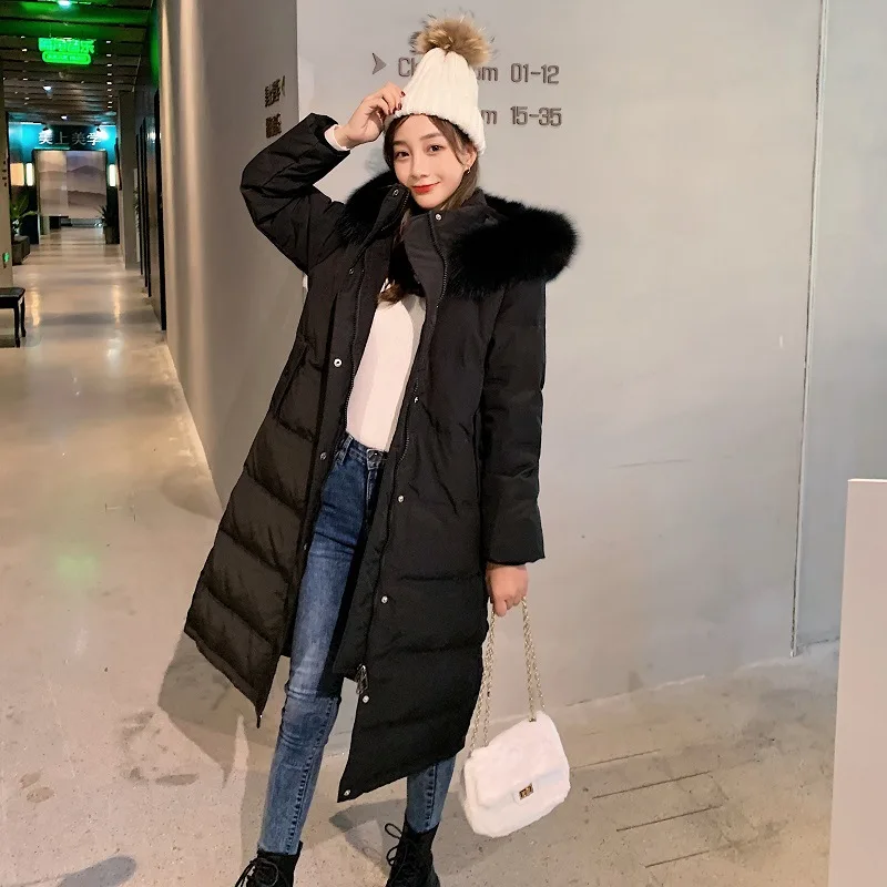 

2020 New Net Red White Duck Down Jacket Women's Medium Long Over The Knee Thick Fur Collar Fashion Coat Adjustable Waist