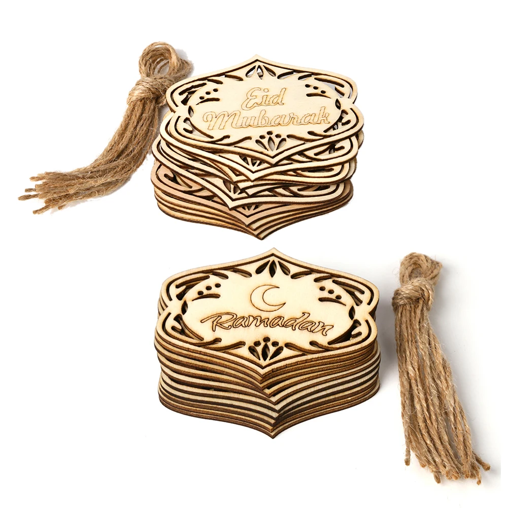 

10PC EID Mubarak Wooden Pendant DIY Craft Hanging Pendants With Ropes Ramadan Decorations For Home Islamic Muslim Party Supplies