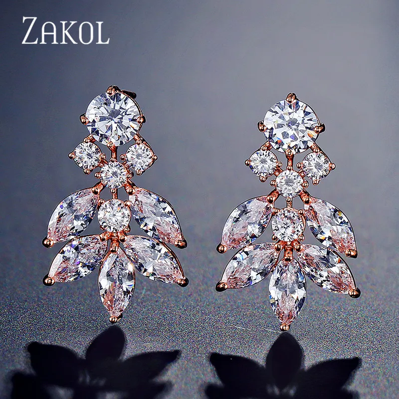 ZAKOL, элегантные серьги с кубическим цирконием, цветами, листьями, свадебные ювелирные изделия, для женщин, для свадьбы, ужина, вечерние, ужина, подарок на день рождения, FSEP2240 - Окраска металла: Rose Gold Color