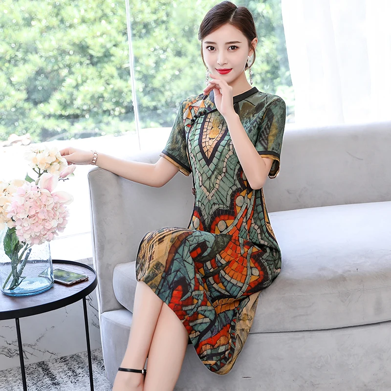 

2020 New Summer Women Short Sleeve Dress High Quality Retro Ethnic Style Print Improved Cheongsam Dress Elegant Dress
