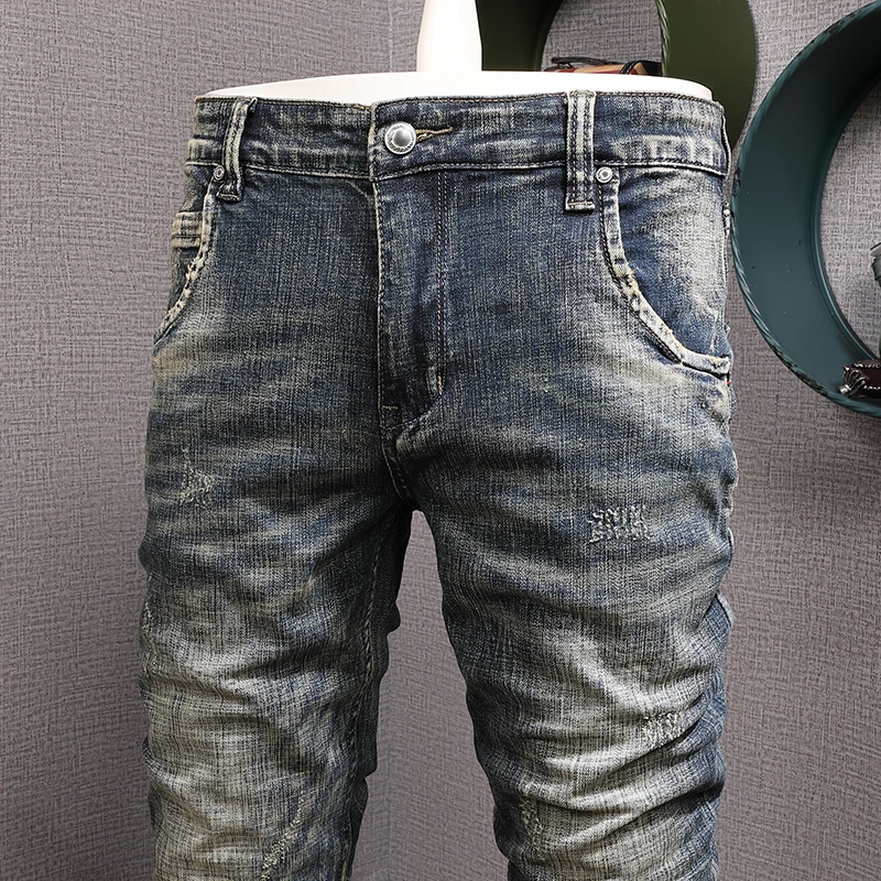 European Vintage Fashion Men Jeans High Quality Elastic Slim Ripped Jeans Men Retro Dark Blue Distressed Designer Casual Pants