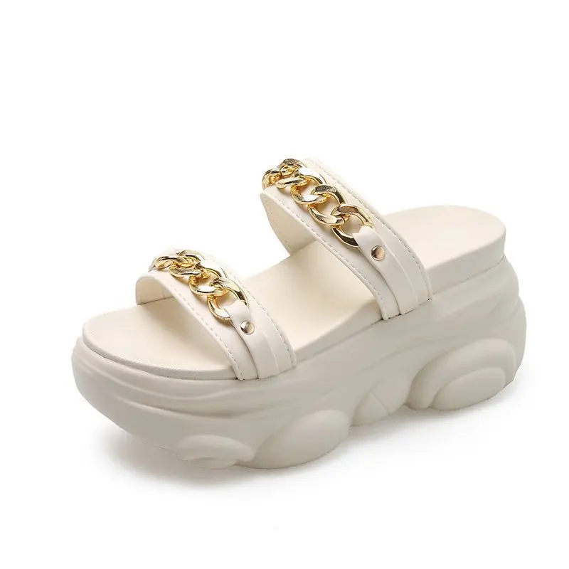 

2021 Woman Mules Shoes Sandals Rhinestone Chains Metal Buckle Design Slippers Platform Shoes Wedges Slipper A872