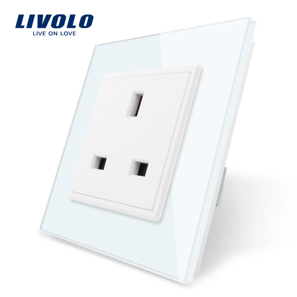White without logo Livolo розетка стандарта ЕС Великобритании, белая/черная кристальная стеклянная панель, AC 110~ 250 В, 13A розетка, VL-C7C1UK-11/12,80 мм* 80 мм, без логотипа - Тип: White without logo