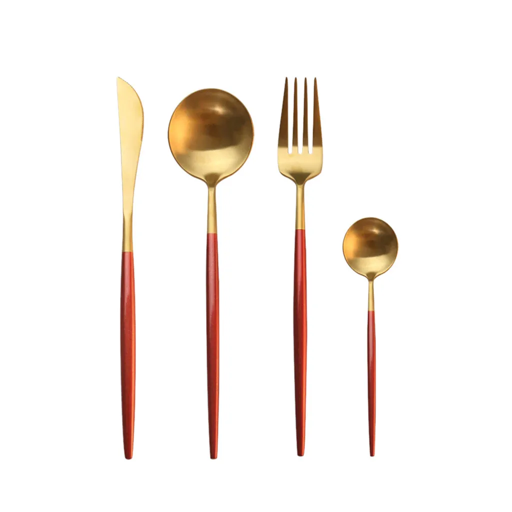 4PCS Stainless Steel Gold Dinnerware Set Kitchen Mirror Tableware Knife Fork Spoon Dinner | Дом и сад