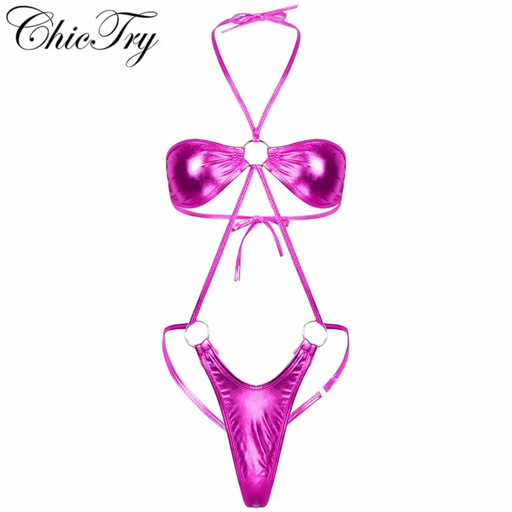 Женское сексуальное боди из лакированной кожи с лямкой на шее и открытой спиной