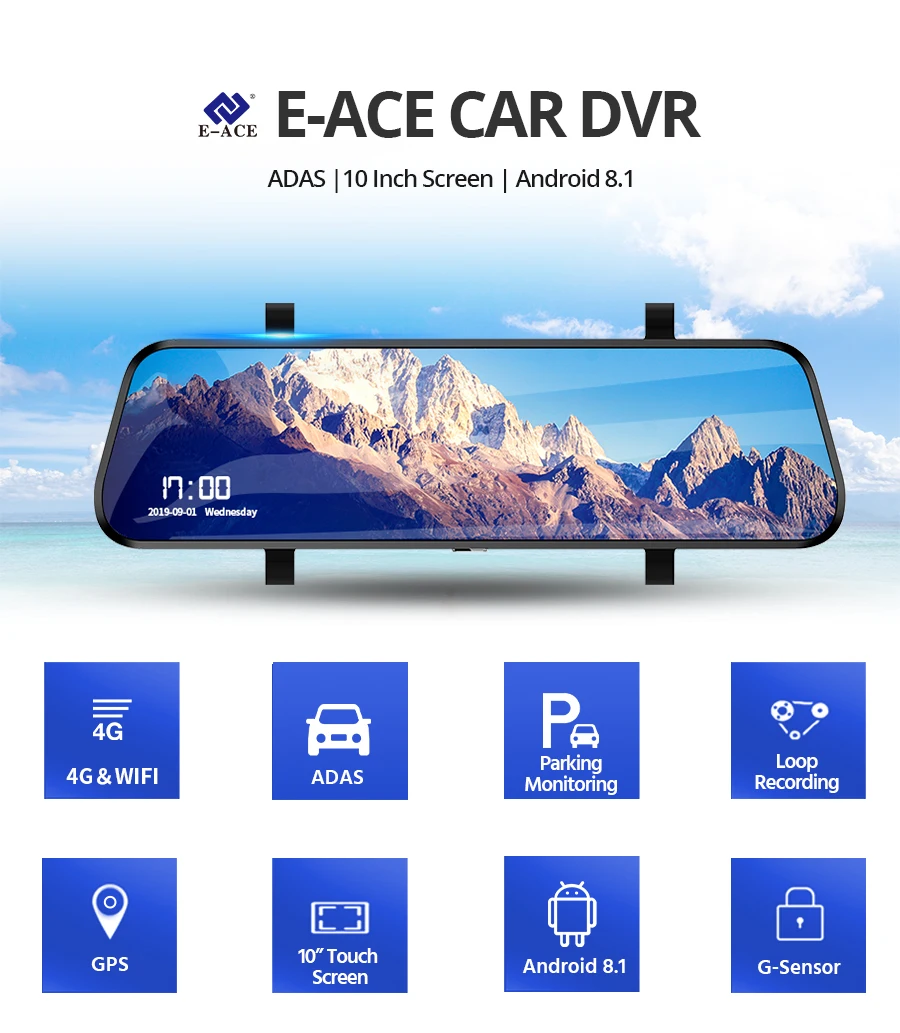 E-ACE Car Dvr ADAS 4G 10" IPS mirror Dash cam Video Recorder Full HD 1920x1080 Dual Lens Rear View Mirror Android GPS Car Camera
