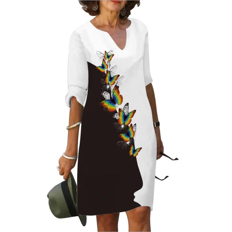 

Plus Size Summer Women's Casual 3D Printed V-Neck Loose Dress Retro Beach Midi Dress Sexy Sleeve Sleeve Shirt Dresses Female