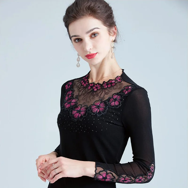 

4XL Plus size women mesh tops New 2020 Spring Long sleeve Fashion embroidered diamonds Women blouse shirt