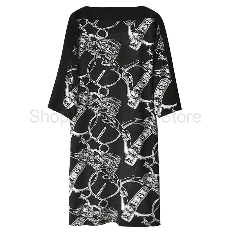 

2021 Court decorative print dress one line collar women s summer short sleeve loose retro T shirt