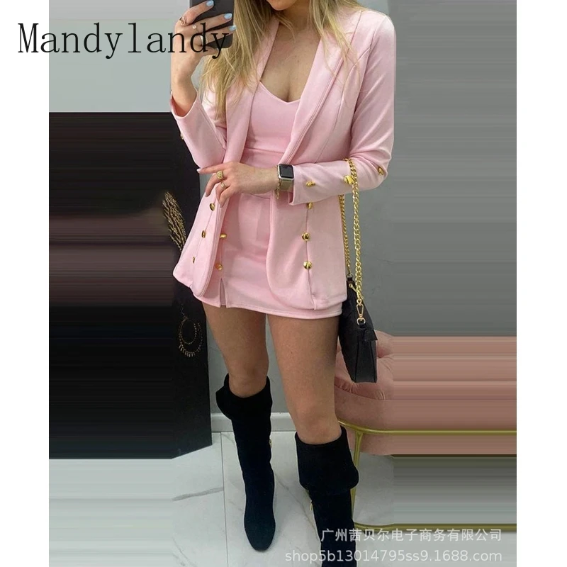 

Mandylandy Blazers Coat Women's Casual Long Sleeve Turn-down Collar Cardigan Coat Autumn Slim Double-Breasted Solid Color Coat