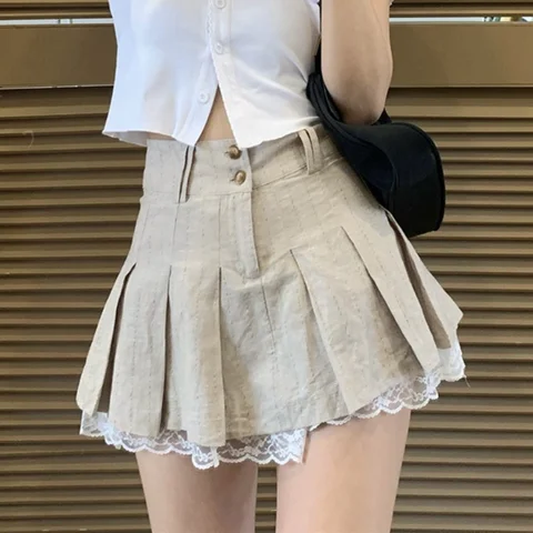Pleated Mini Skirt Women Summer Short Lace Trim Skirts Female Preppy Style Khaki High Waist Skirt Girl School Uniform Miniskirt