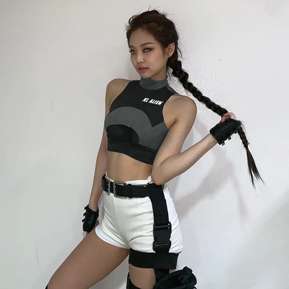 

Summer Women Tops Crop tops Cool Hip Hop Jogger Sexy Slim Sleeveless High neck Stretch Bandeau Front Hollow Hole Crop Top