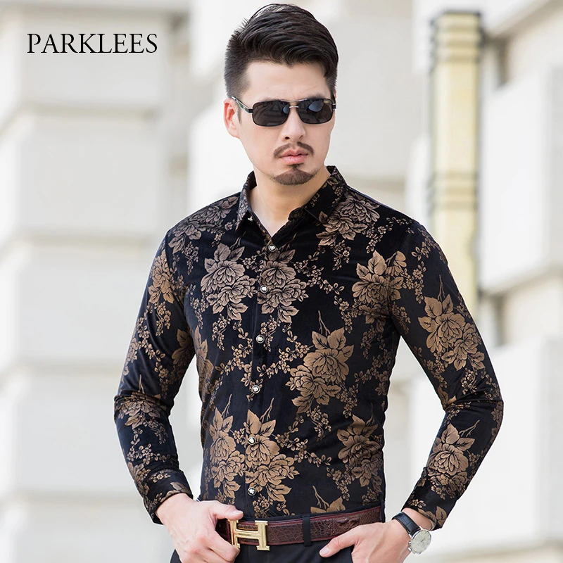 Мужская бархатная рубашка с цветочным принтом золотистая бронзовая велюровая