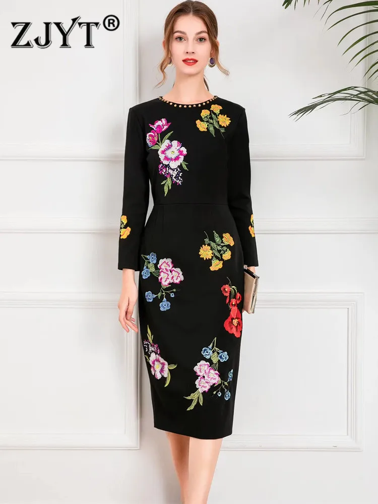 

Runway Fashion Spring Vestidos De Fiesta Women's Long Sleeve Beading Floral Embroidery Midi Party Dress for New Year 2022 Robe