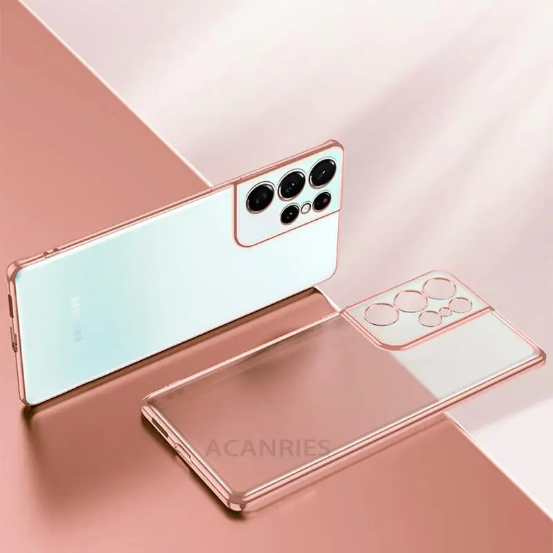luxury gold plating phone case for samsung galaxy s21 ultra s20 plus s22 s 21 20 5g camera protect transparent silicone cover free global shipping