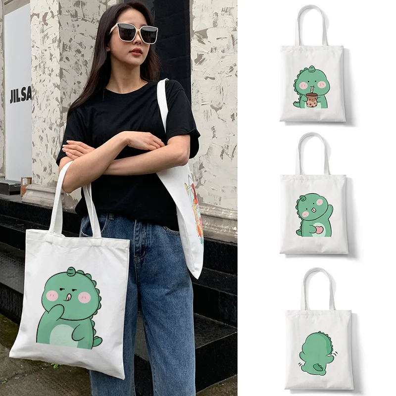 

Skateboard Kawaii Frog Dinosaur Shopping Bag Reusable Canvas Shopper Bag Tote Bag Handbag Women Female Cotton Cloth Shoulder Bag