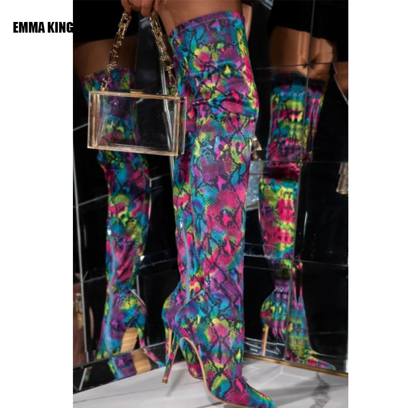 

Осень 2021, женские сапоги выше колена, привлекательные сапоги из змеиной кожи с острым носком на тонком высоком каблуке, женские осенние ботинки