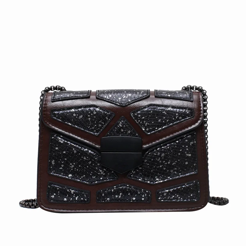 

Women's Chain Bag 2019 New Fashion Desinger Square Bag Contrast Color Patchwork Crossbody Shoulder Bag Black Lock Messenger Bag