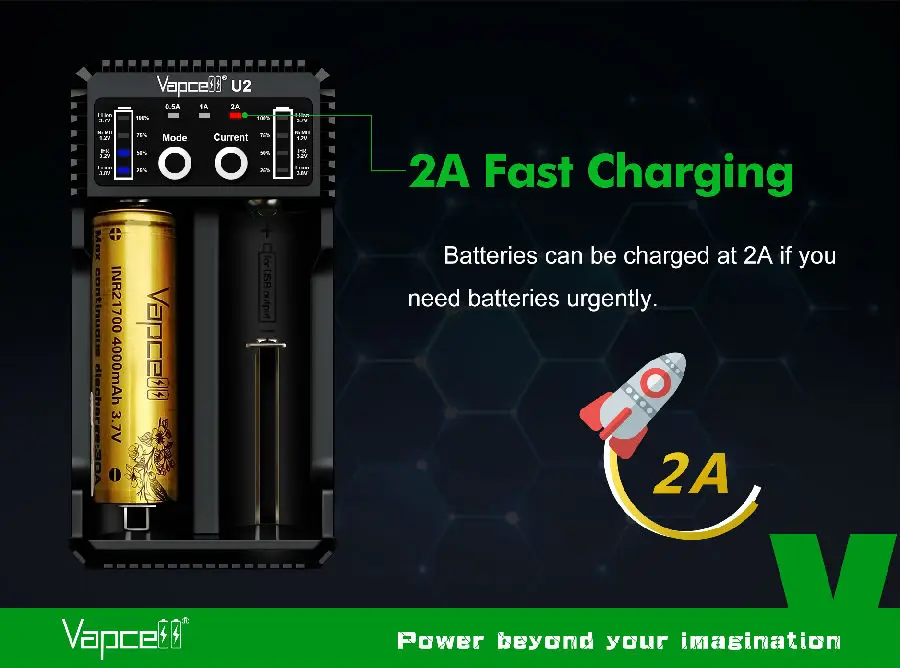 Vapcell U2 2A Смарт мини зарядное устройство USB для li-ion/Lifepo4/Ni-MH/Ni-Cd AAA AAAA C D заряда батареи