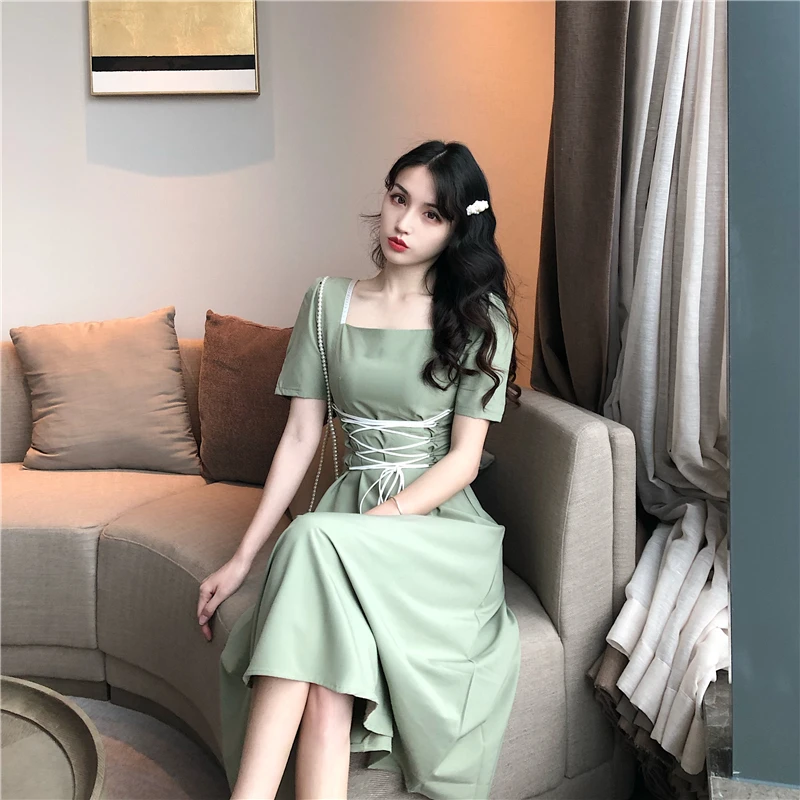 

GOOHOJIO 2020 Summer Square Collar Bandage Club Party Dresses Female Short Sleeve Women Knee Dress Temperament Hip Ladies Dress