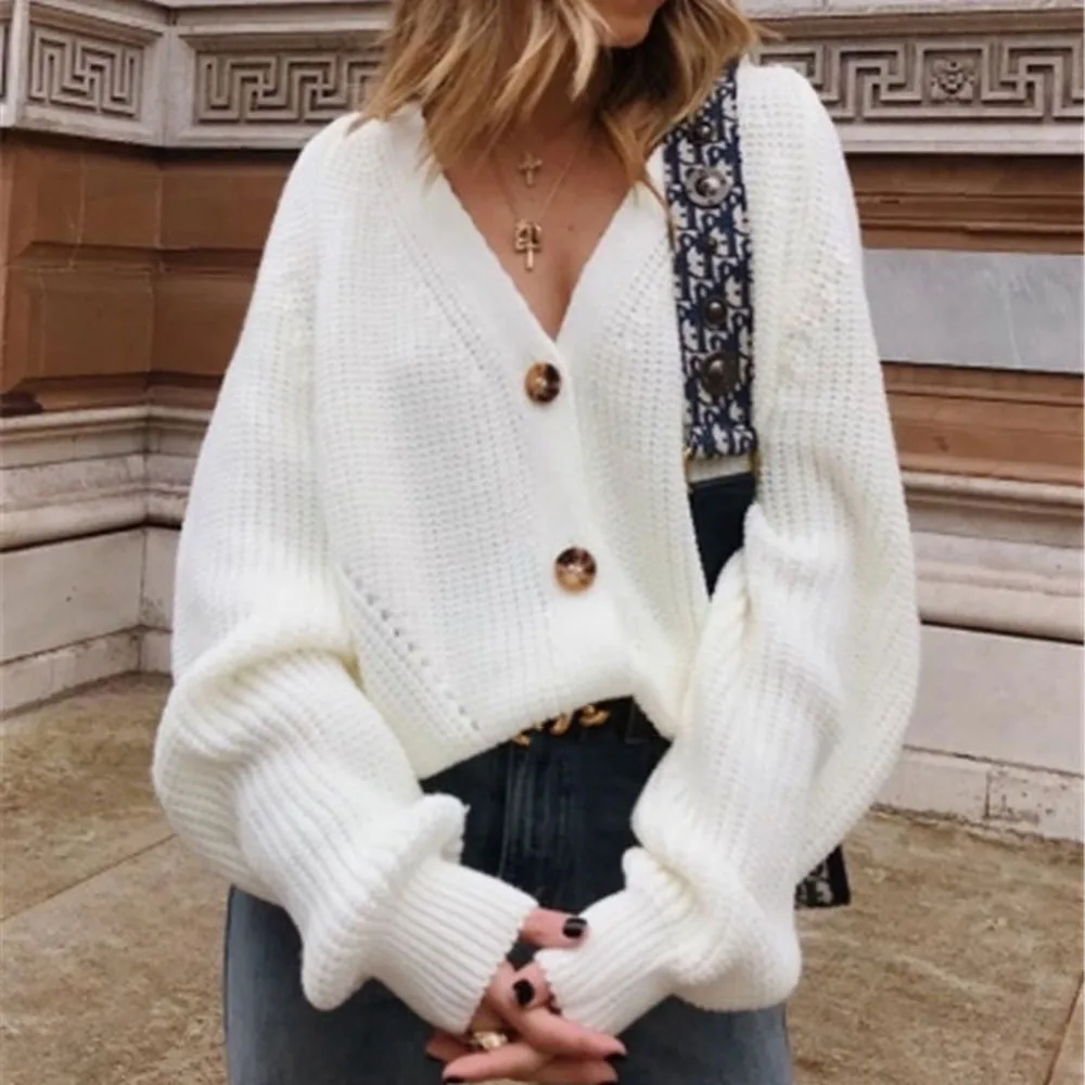 Элегантный Простой Женский вязаный свитер осенне-зимний кардиган большого