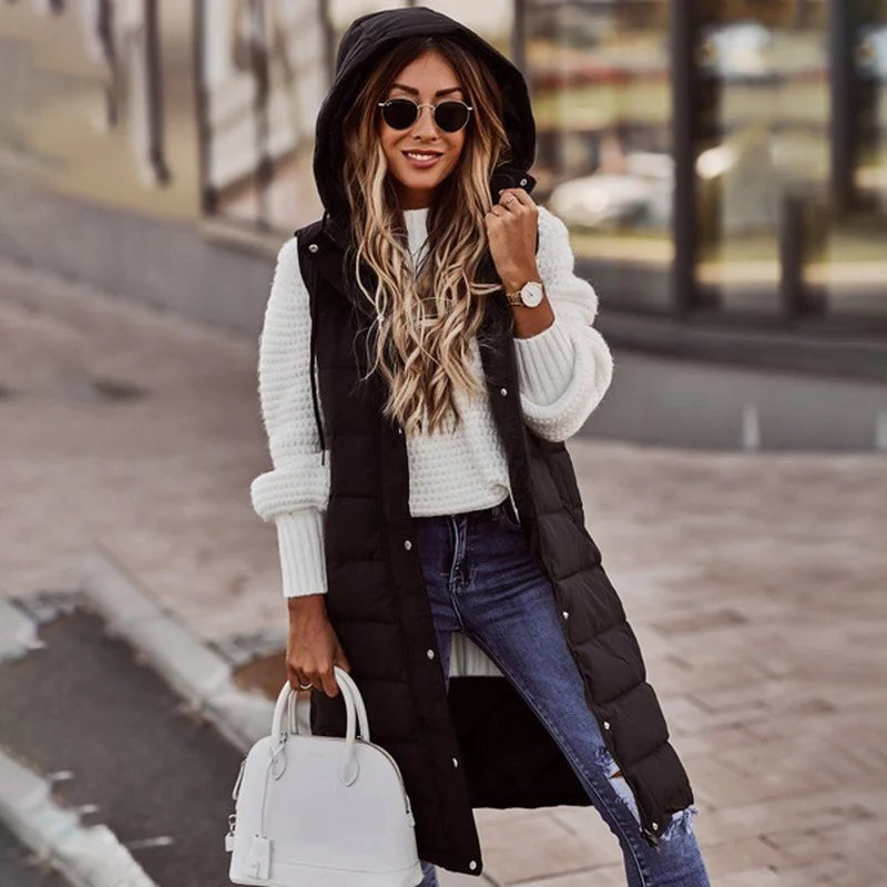 

Harajuku Jacket Women Sleeveless Oversize Parkas Autumn Winter Quilted Coat Hooded Parka Cotton Padded Long Jackets Overcoat