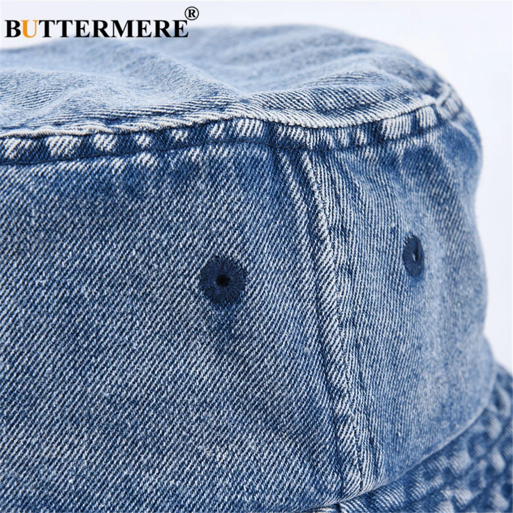 BUTTERMERE Bucket Hat Womens Denim Spring Summer Solid Vintage Fisherman Hat Korean Unisex Traveling Hiking Cap