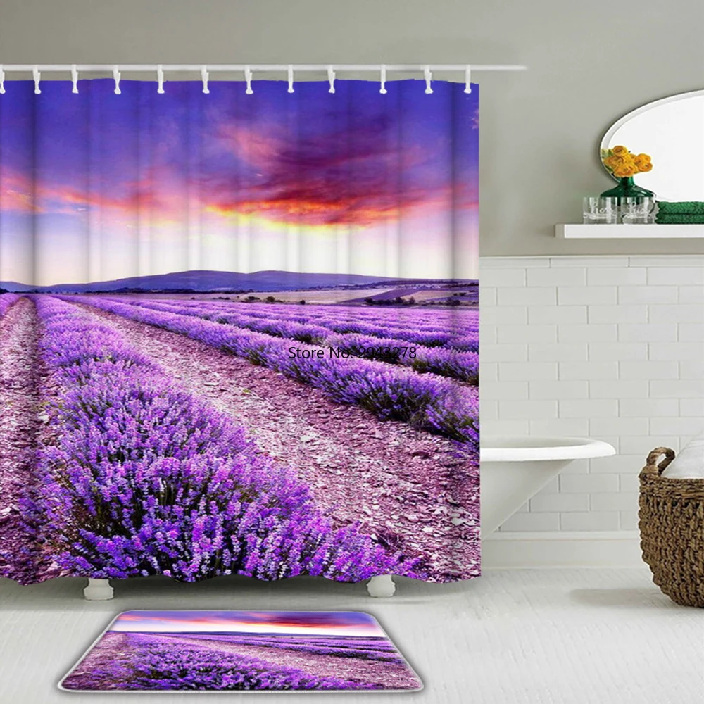 

3D Natural Scenery Lavender Flowers Fabric Waterproof Shower Curtain Set Bathroom Curtains Set Non-Slip Toilet Rug and Bath Mat