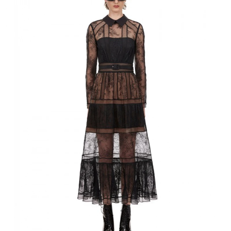 Зимнее женское платье Элегантное кружевное длинное Макси Черное вечернее с