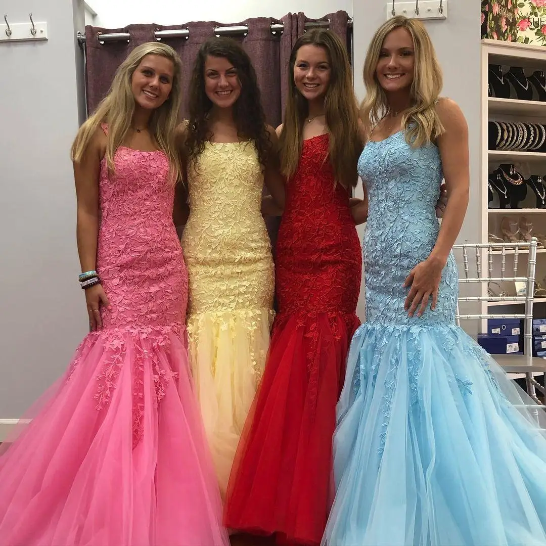 

Mermaid Prom Dresses 2021 Light Sky Blue Lace Pageant Gowns Yellow Red Lilac Lace Up Back Formal Event Wear Spaghetti Neckline