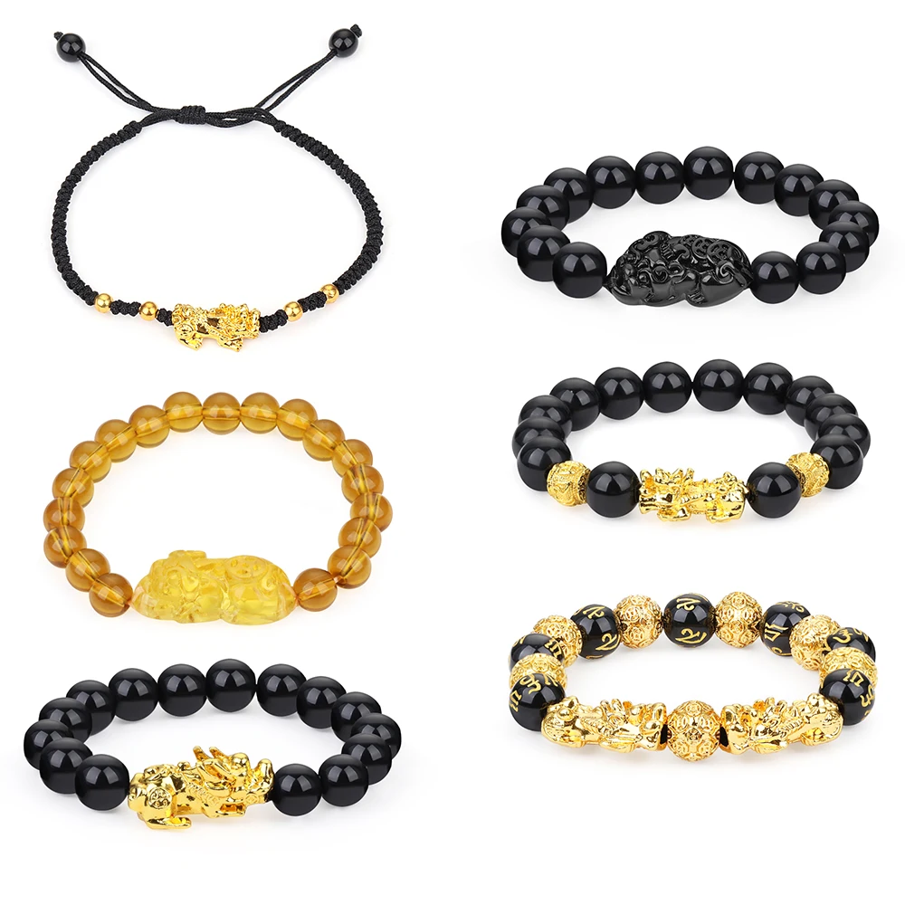 Модный браслет приносящий удачу черный Pi Xiu Feng Shui обсидиан из бисера привлекающий