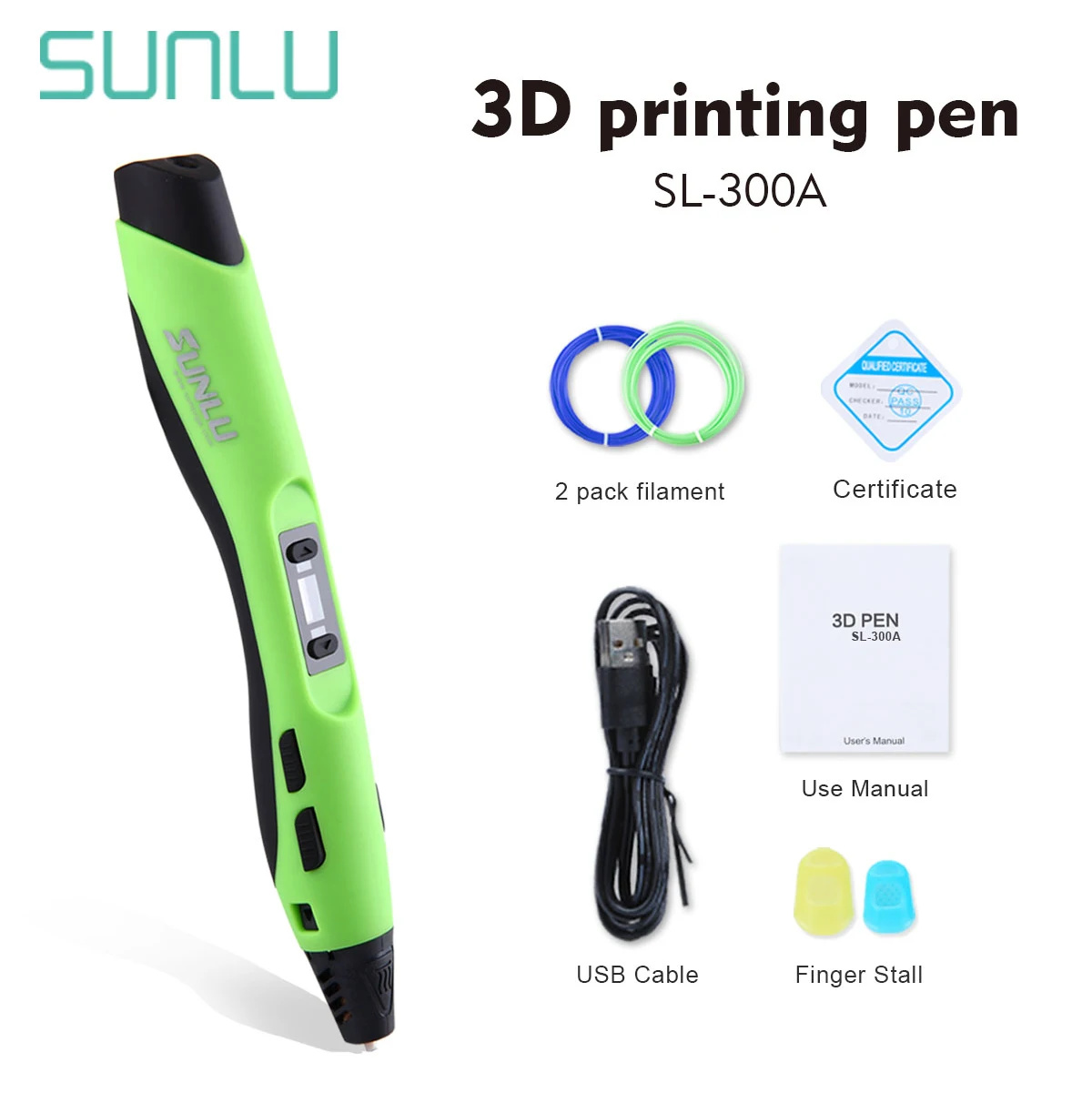 SL-300A-green SUNLU 3D Ручка, новинка, для детей, сделай сам, 3D Ручка для рисования, класс скорости, контроль, 3d Ручка для принтера, PCL, PLA, ABS нити, заправка, подарок на день рождения - Цвет: SL-300A-green