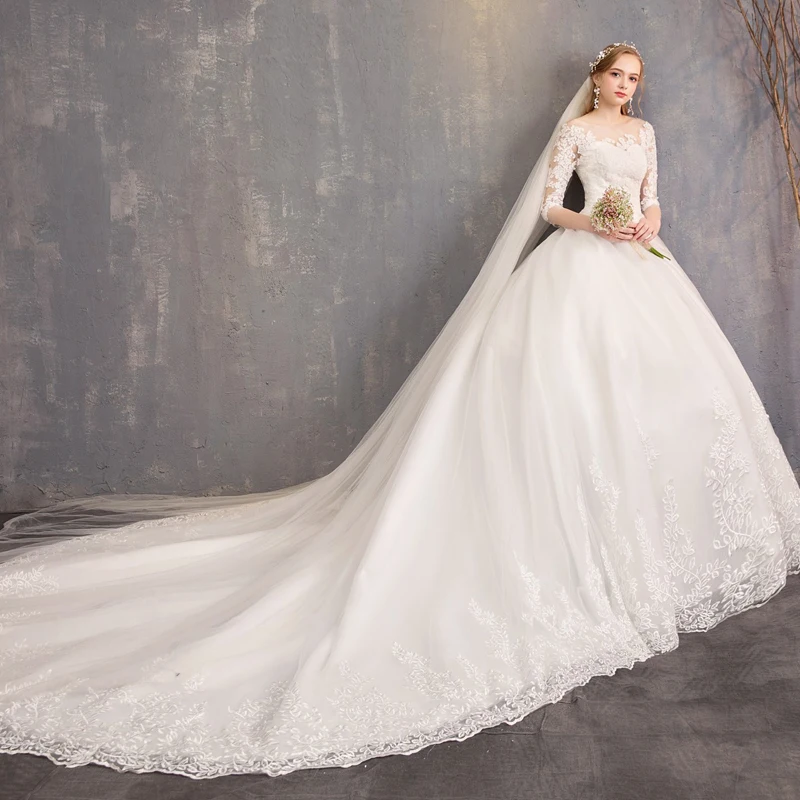 

Luxury Ball Gown V-neck Chapel Train White Wedding Dresses Appliques Half Sleeves Lace-up Organza Classic Church Married Apparel