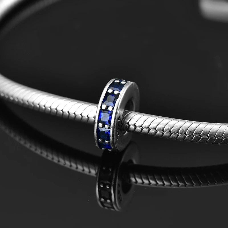 

925 Sterling Silver Deep Blue Square Zircon Round DIY Fine spacer Beads Fit Original europeu Charm Bracelet Jewelry making