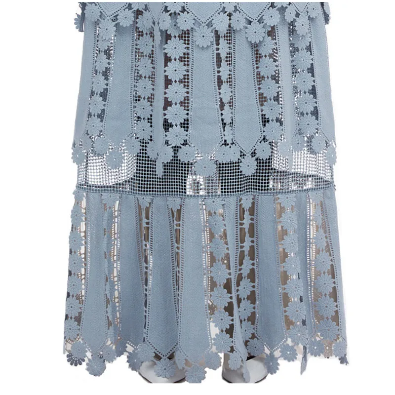 

New 2020 Summer Blue Lace Fashion Long Maxi Dress Women Short Sleeve Crochet Hollow Out Floral Ruffles Layer Cake Party Dresse
