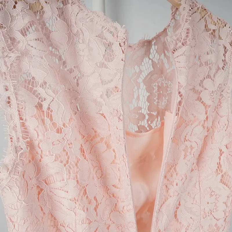 

Women Summer O-Neck Lace Pink Knee-Length Dress Female Casual A-Line Vestidos Ladies Fashion Solid Color Sleeveless Dresses ML48
