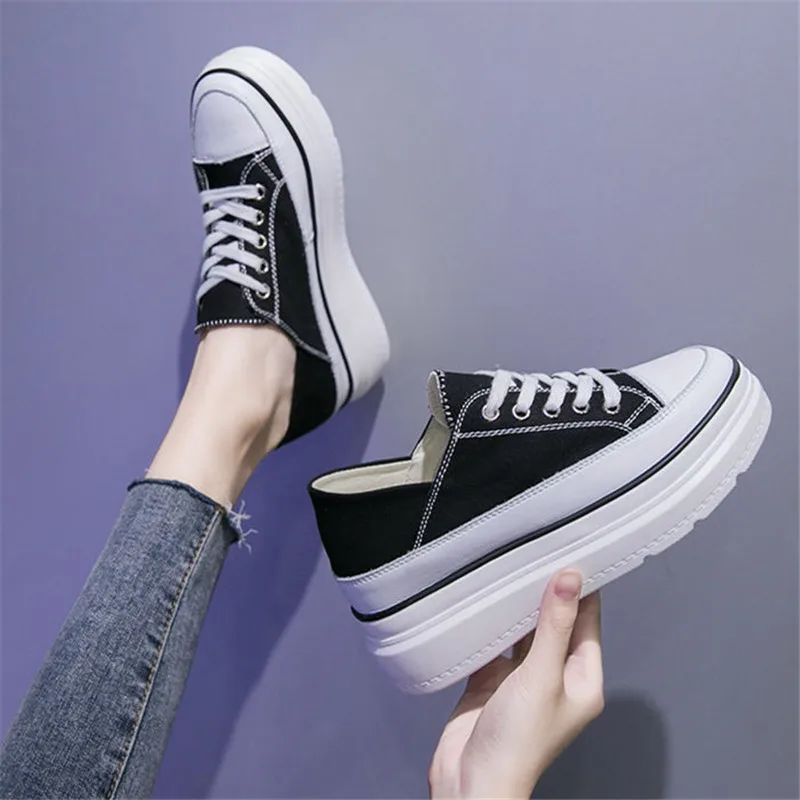 

2020 New Arrival Women Hidden Heel Platform Wedge Canvas Shoes Lace-up Outdoor Fashion Woman Chunky Sneakers Yellow Black 35-39