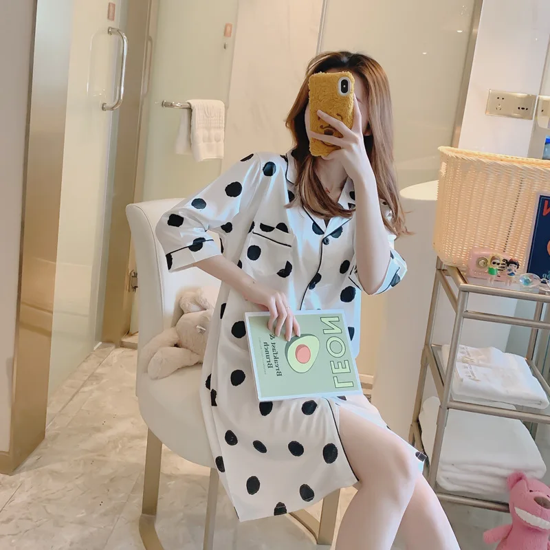 2021 Spring Summer New Simulation Silk Nightdress Women's Simple Fresh Cardigan Small Lapel Shirt Nightwear Housewear Sleepwear