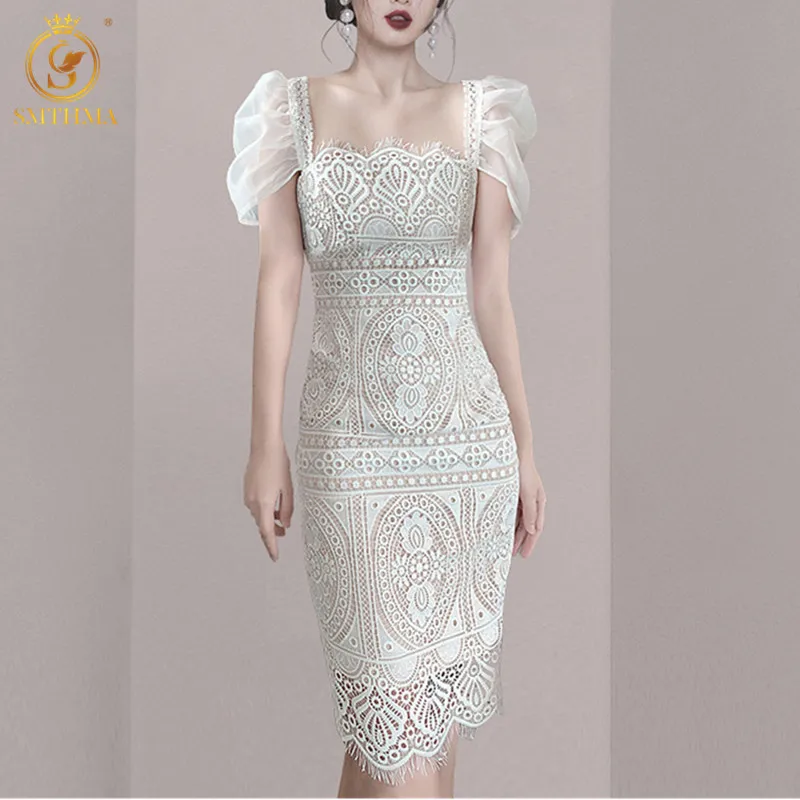 

SMTHMA Новое модное женское летнее платье в Корейском стиле с пышными рукавами, элегантное кружевное платье с вырезами, Женская приталенная од...