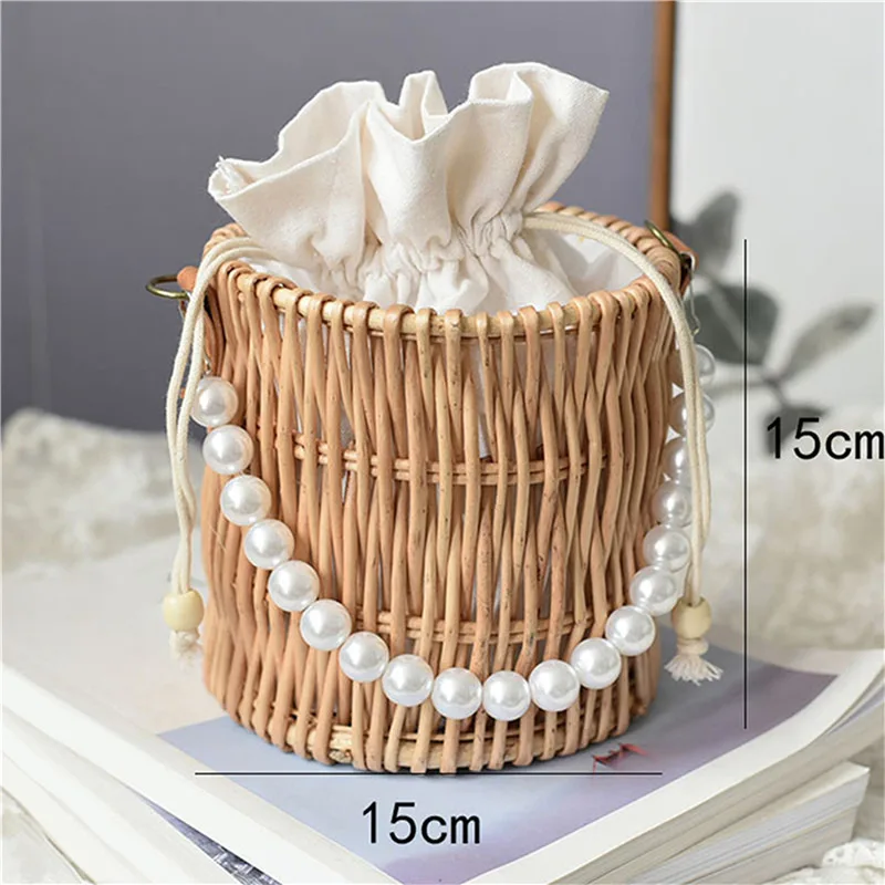 

Round Woven Straw Bags for Women Summer Pearl Chain Handmade Rattan Beach Handbag Travel Bohemia Female Shoulder Crossbody Bag