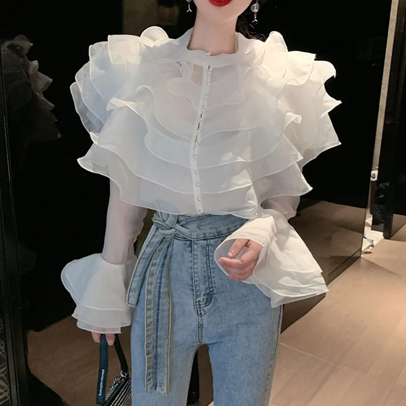 

Spring And Summer Fashion Design Sense Ruffled Flared Sleeves Women's Clothing Single Breasted long-Sleeved Vintage Shirt Top