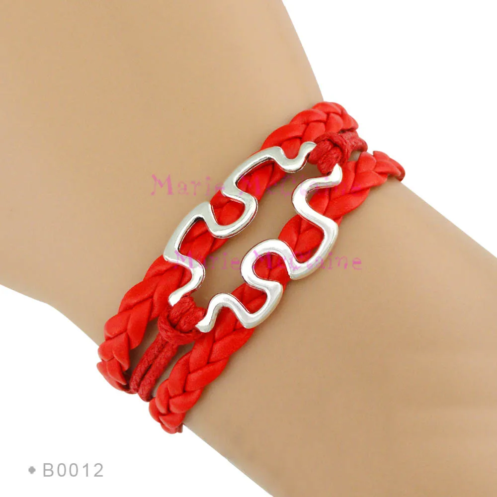 B0012 Red Повязка для защиты от аутизма головоломки из голубой, красной, желтой кожи Плетеные браслеты для женщин - Окраска металла: B0012 Red