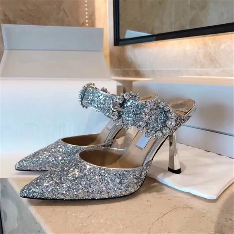 

Fashion Designer Bling glitter Sandals Summer Crystal High Heels Party Wedding Shoes Woman Buckle Slip On Sandals Women 2020