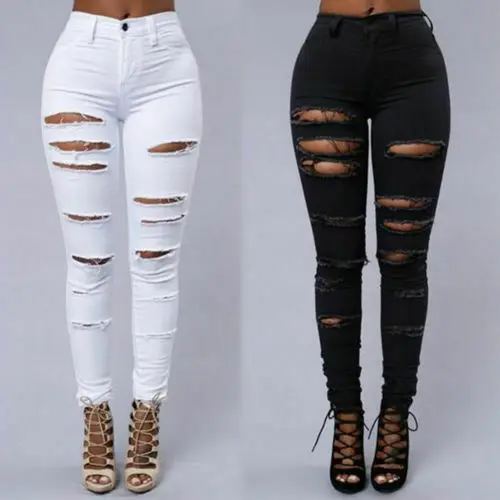 

Women's High Waist Denim Pants Distressed Ripped Skinny Leg Jeans Long Trouser Capris Hole Fashion Casual Cotton Blend