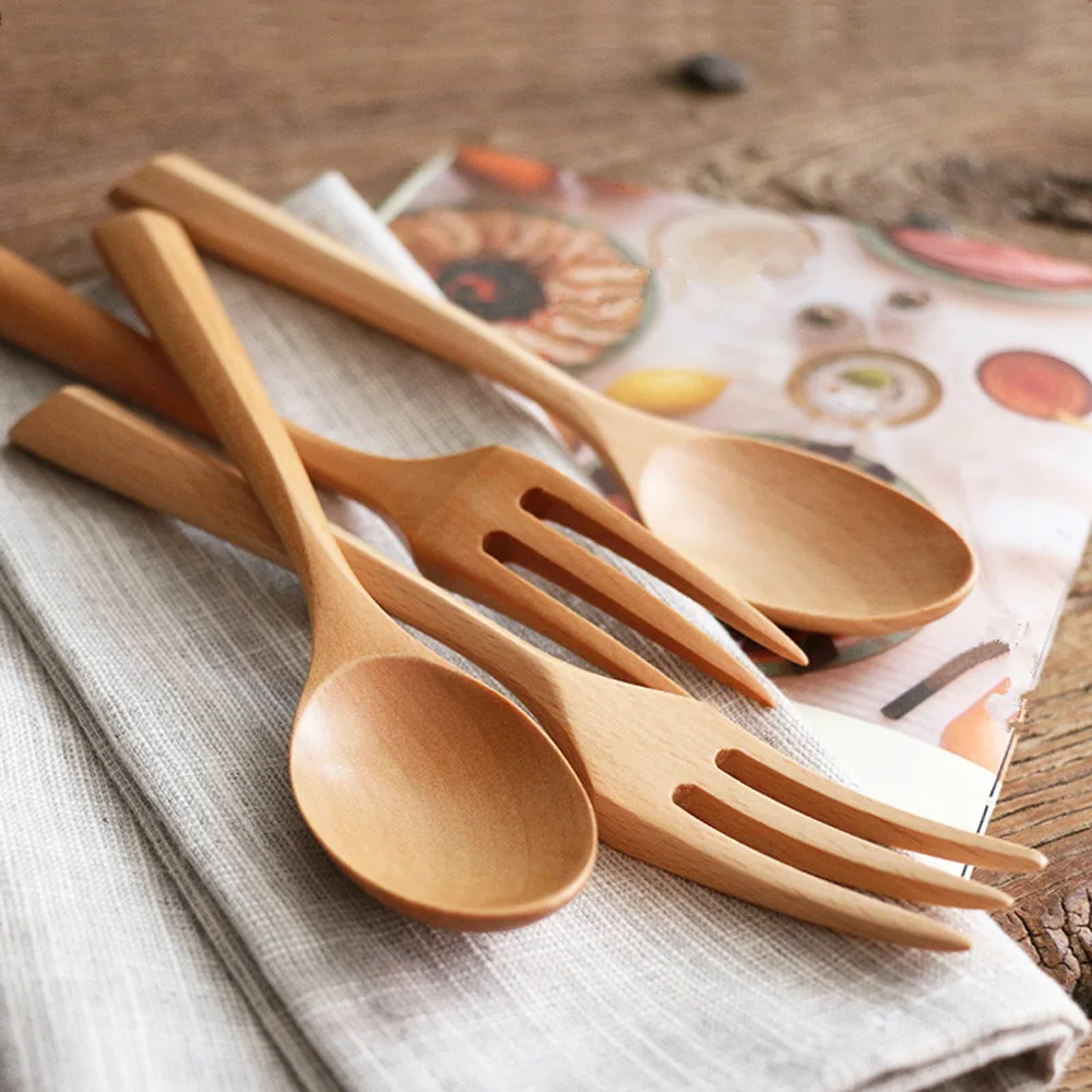 

Creative Design Thick Handle Wood Spoon Fork Portable Tableware Wooden Cutlery Sets Travel Dinnerware Environmental Kitchen Tool