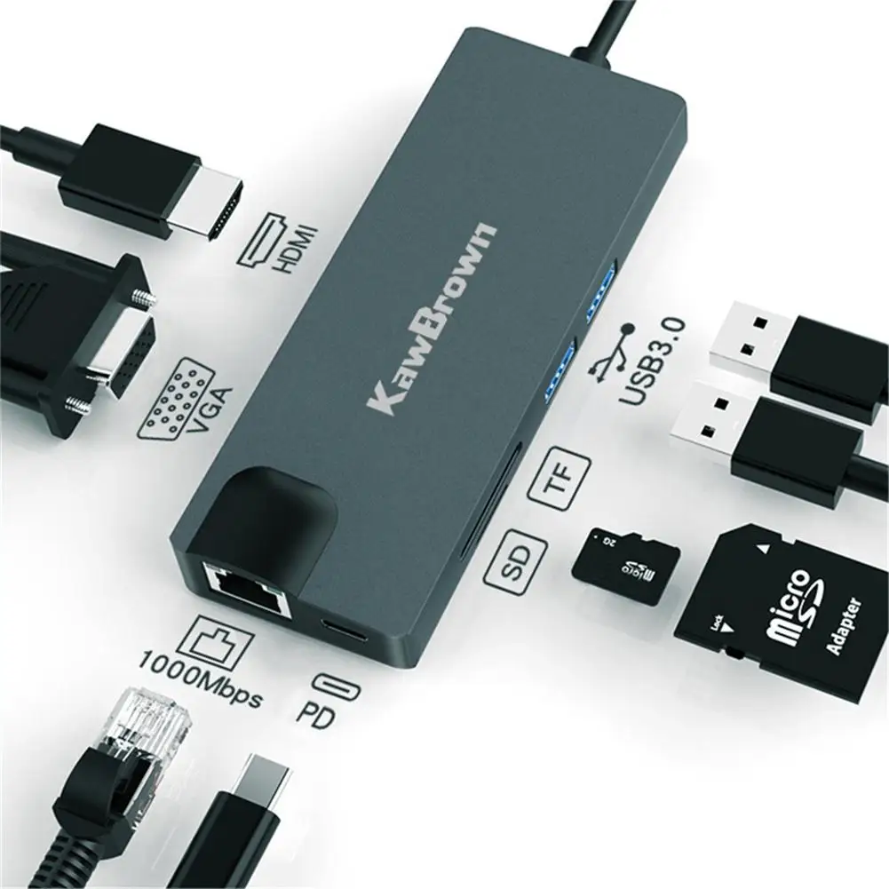 8 в 1 type C концентратор USB к HDMI VGA 3 0 порты SD/TF ридер RJ45 1000M доставка питания для MacBook Pro
