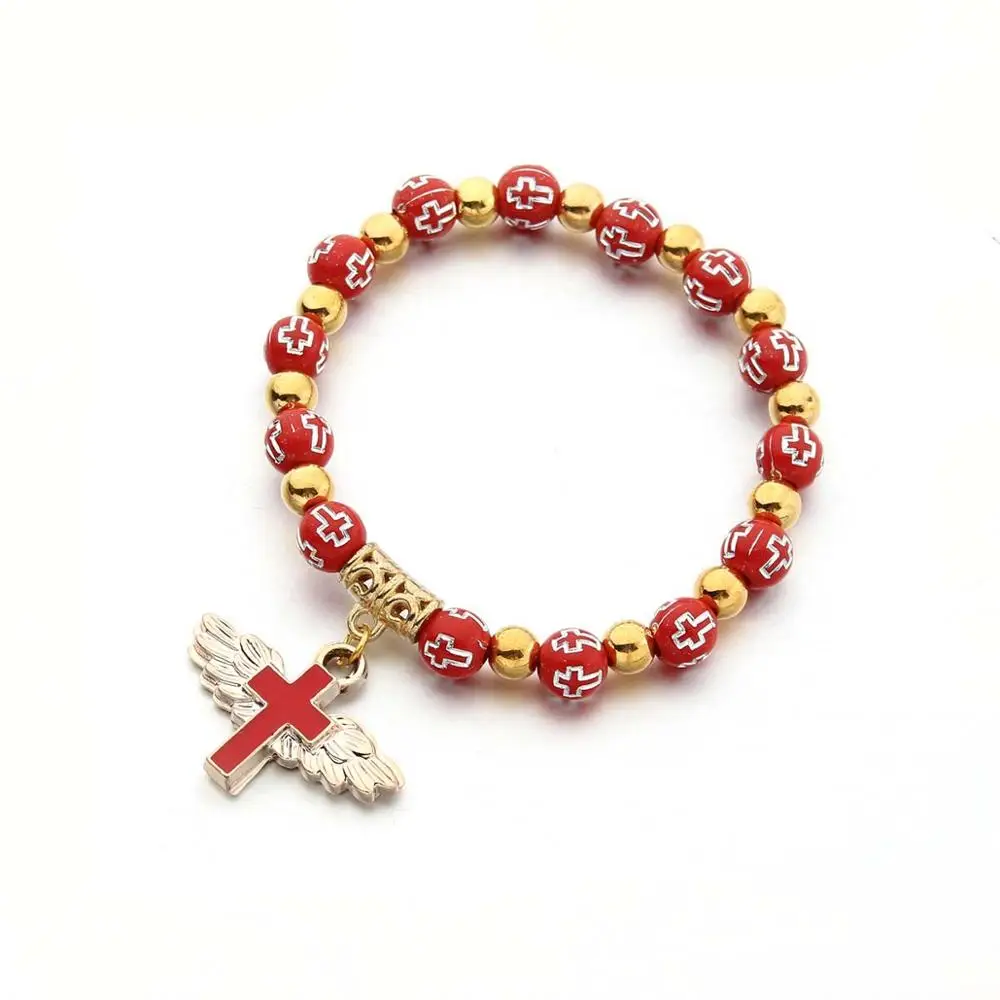 12 штук Браслет с крестом и ангельским крылом в качестве приятного сюрприза на крещение для мальчика и девочки. Handmade акриловые бусины на нем.